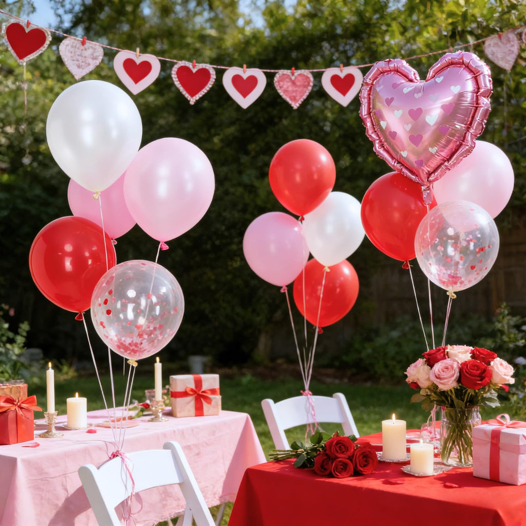 FunHot Red & Pink Balloons Set – Heart Foil & Confetti for Valentines, Weddings, Proposals