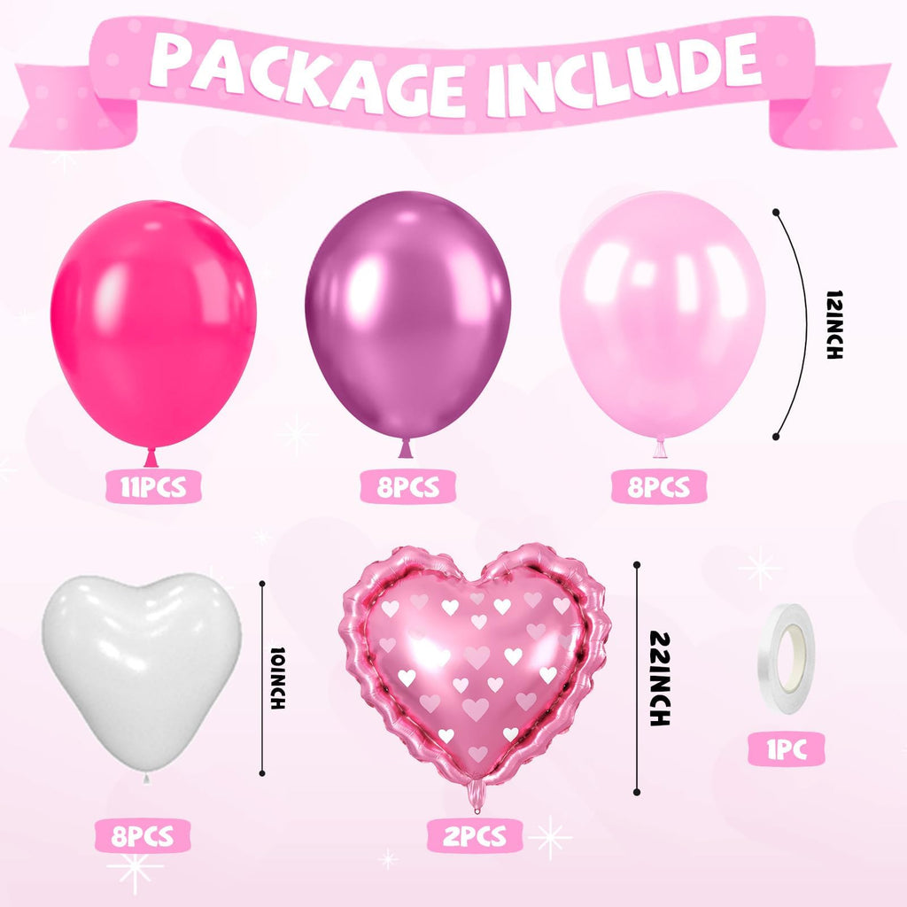 FunHot Hot Pink Heart Balloons Set – 11 Pink Hearts, Pearl Pink & Magenta Mix, 2 Foil Hearts