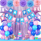 FunHot Purple Pink Blue Birthday Decorations Set – Balloons, Banner & Fringe Curtains