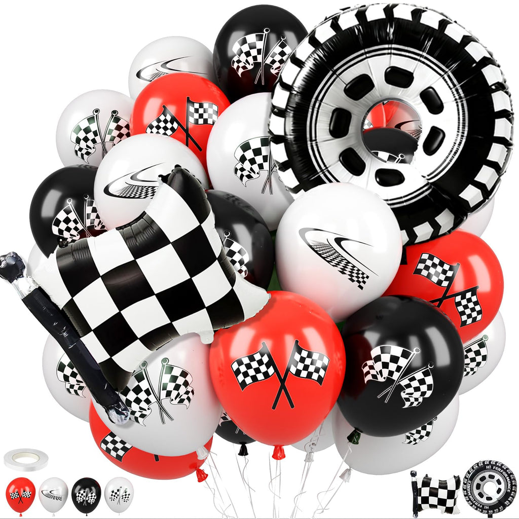 FunHot Race Car Balloons – Checkered Flag & Tire Foil Set for Racing Theme Parties