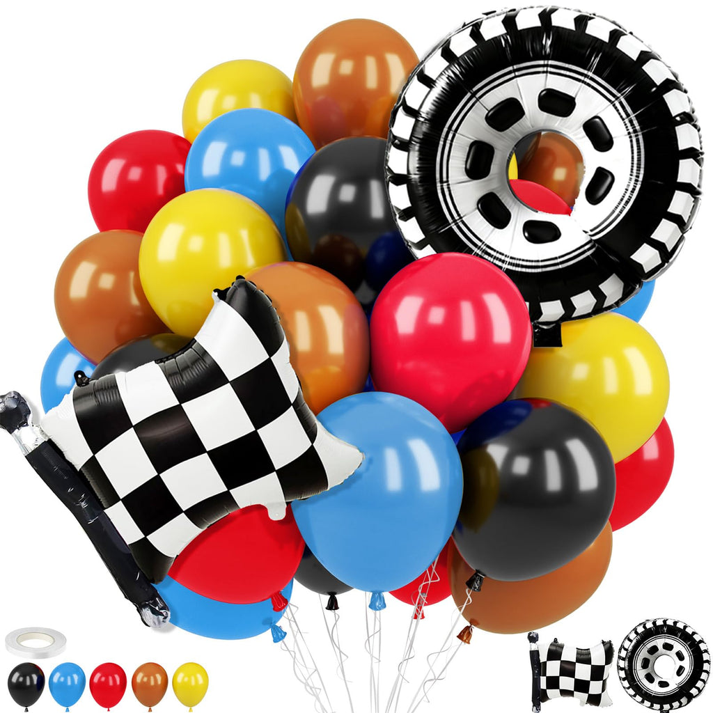 FunHot Race Car Balloons Set – Checkered Flag & Tire Balloons for Racing Party Decor