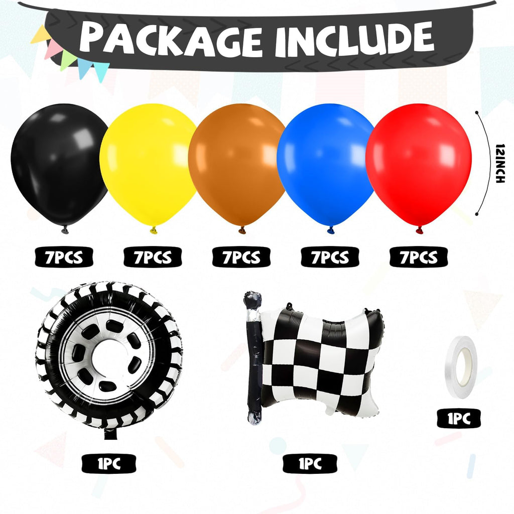 FunHot Race Car Balloons Set – Checkered Flag & Tire Balloons for Racing Party Decor