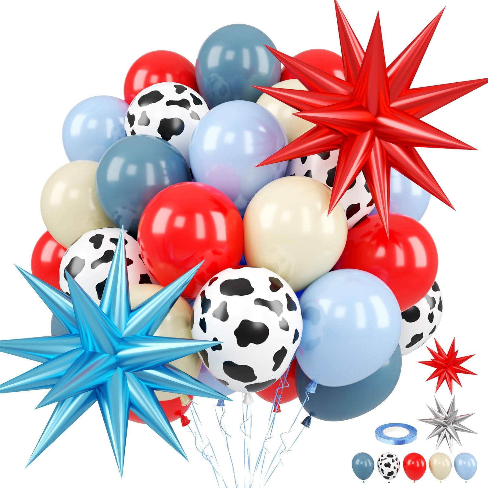 FunHot Red Blue Cow Balloons with Star Foil Balloons – Farm & Western Birthday Party Decor