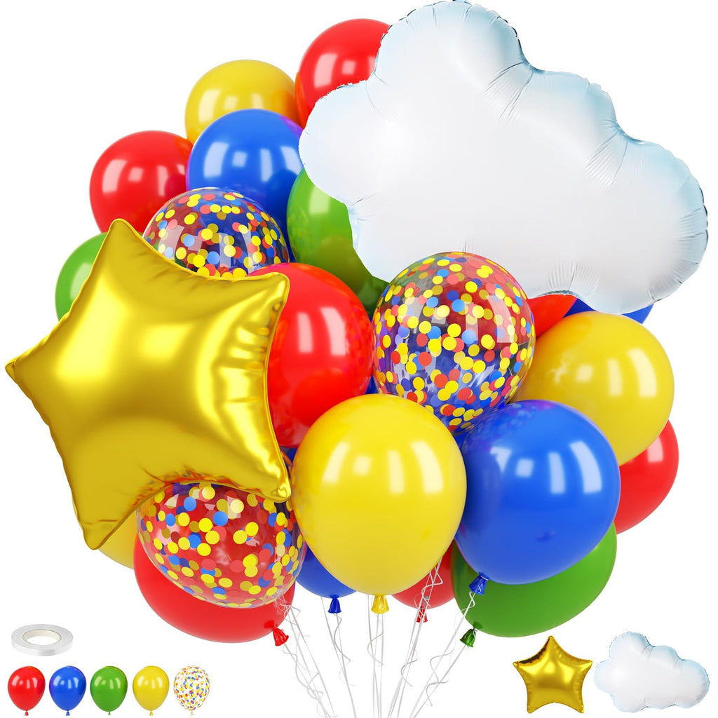 FunHot Red Yellow Blue Balloons Set – 12 Inch Confetti with Cloud & Gold Star Foil