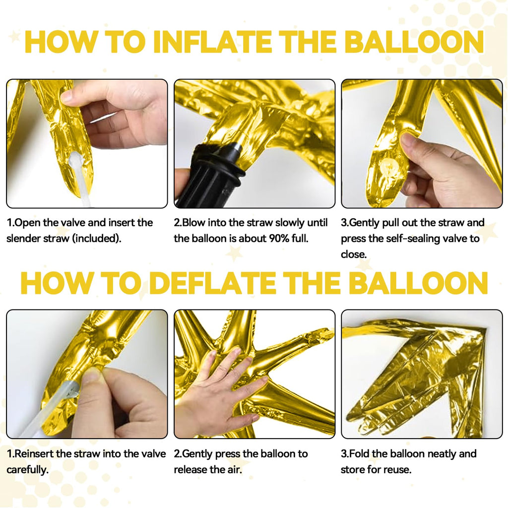 FunHot Black Gold Star Balloons – 18 Pcs Set with 6x22-Inch Explosion Stars & 12x10-Inch Four-Point Stars