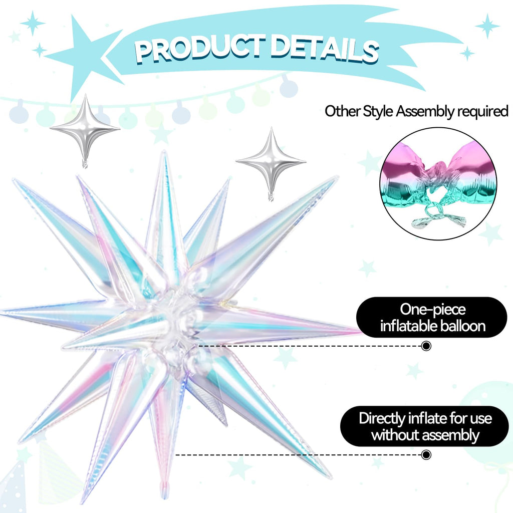 FunHot 18 Pcs Iridescent Star Balloons Set – 22in Explosion Stars + 12 Silver 10in Stars