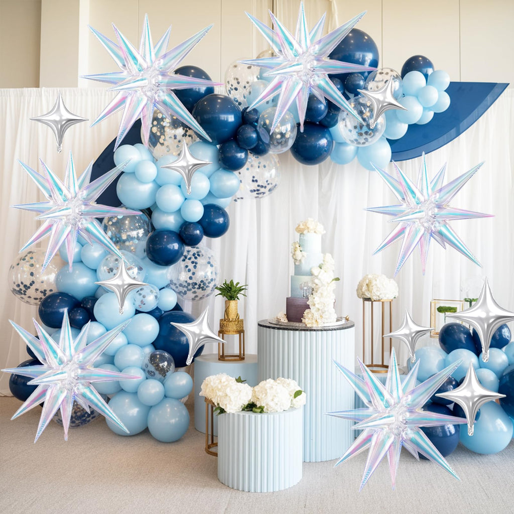 FunHot 18 Pcs Iridescent Star Balloons Set – 22in Explosion Stars + 12 Silver 10in Stars