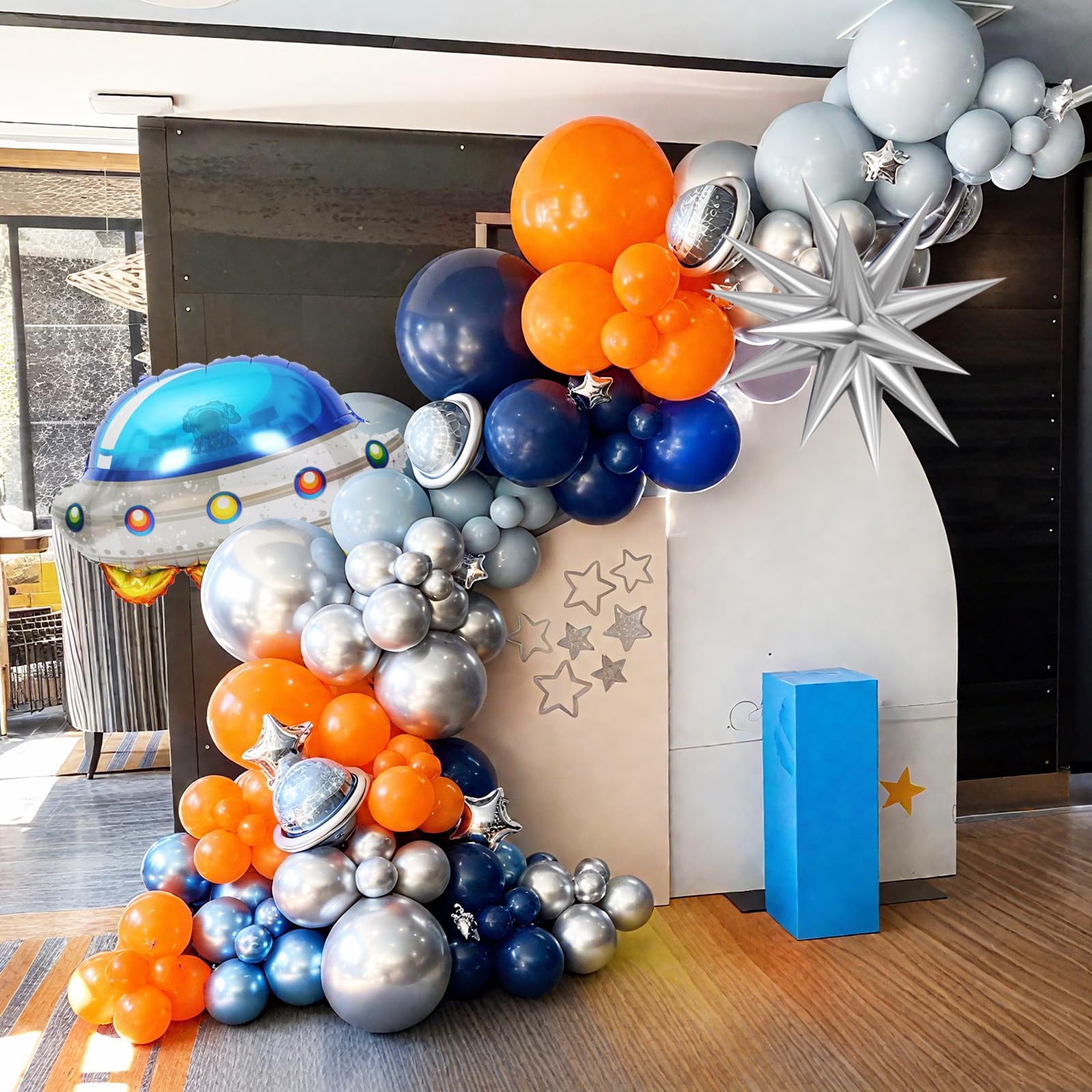 FunHot Outer Space Balloons Set – 12-Inch Galaxy Decor with UFO & Star Foil (Orange, Silver, Blue)