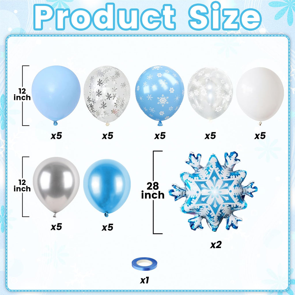 FunHot Snowflake Balloons Kit — 12in Metallic Blue, Silver & White with Snowflake Print & Foil Balloons