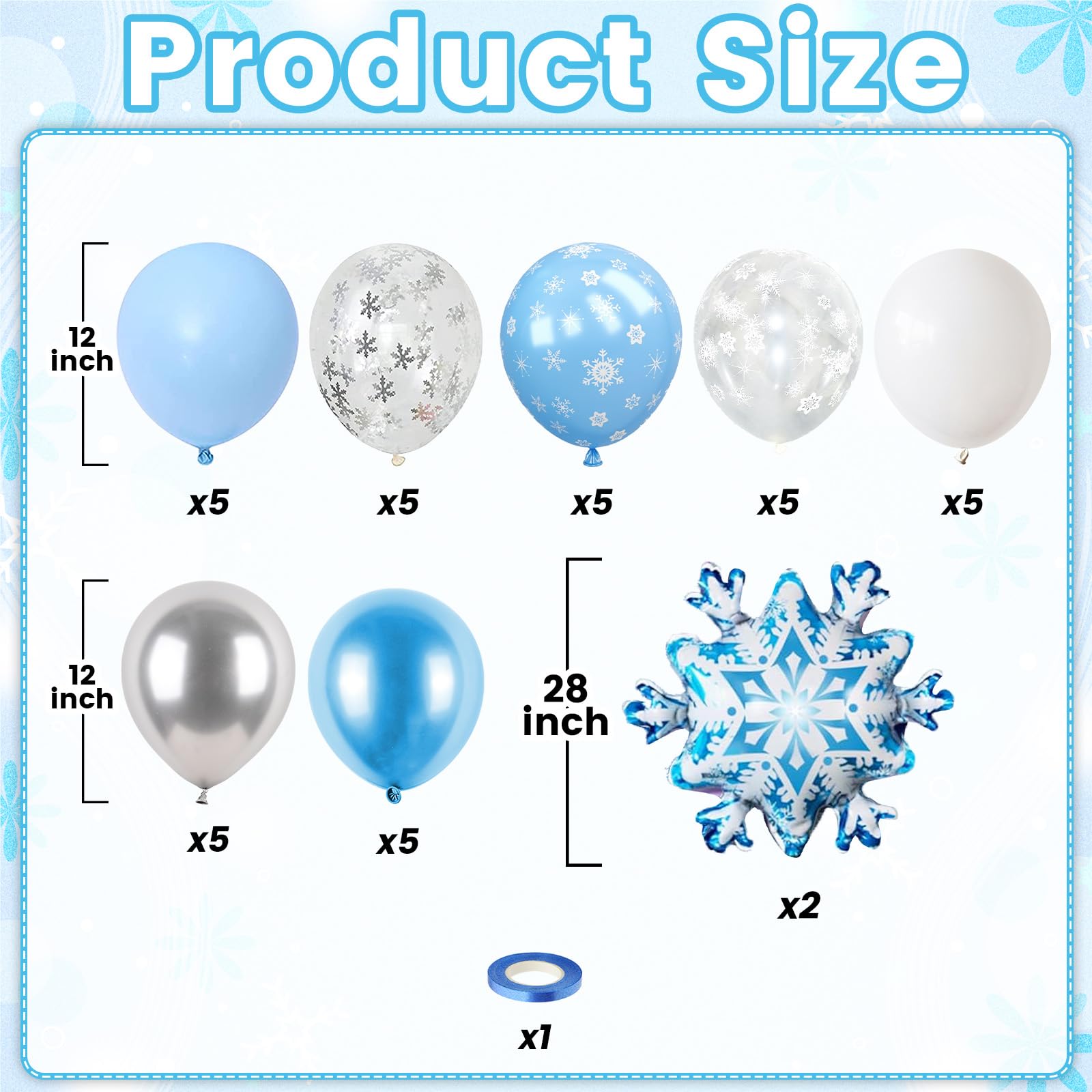 FunHot Snowflake Balloons Kit — 12in Metallic Blue, Silver & White with Snowflake Print & Foil Balloons