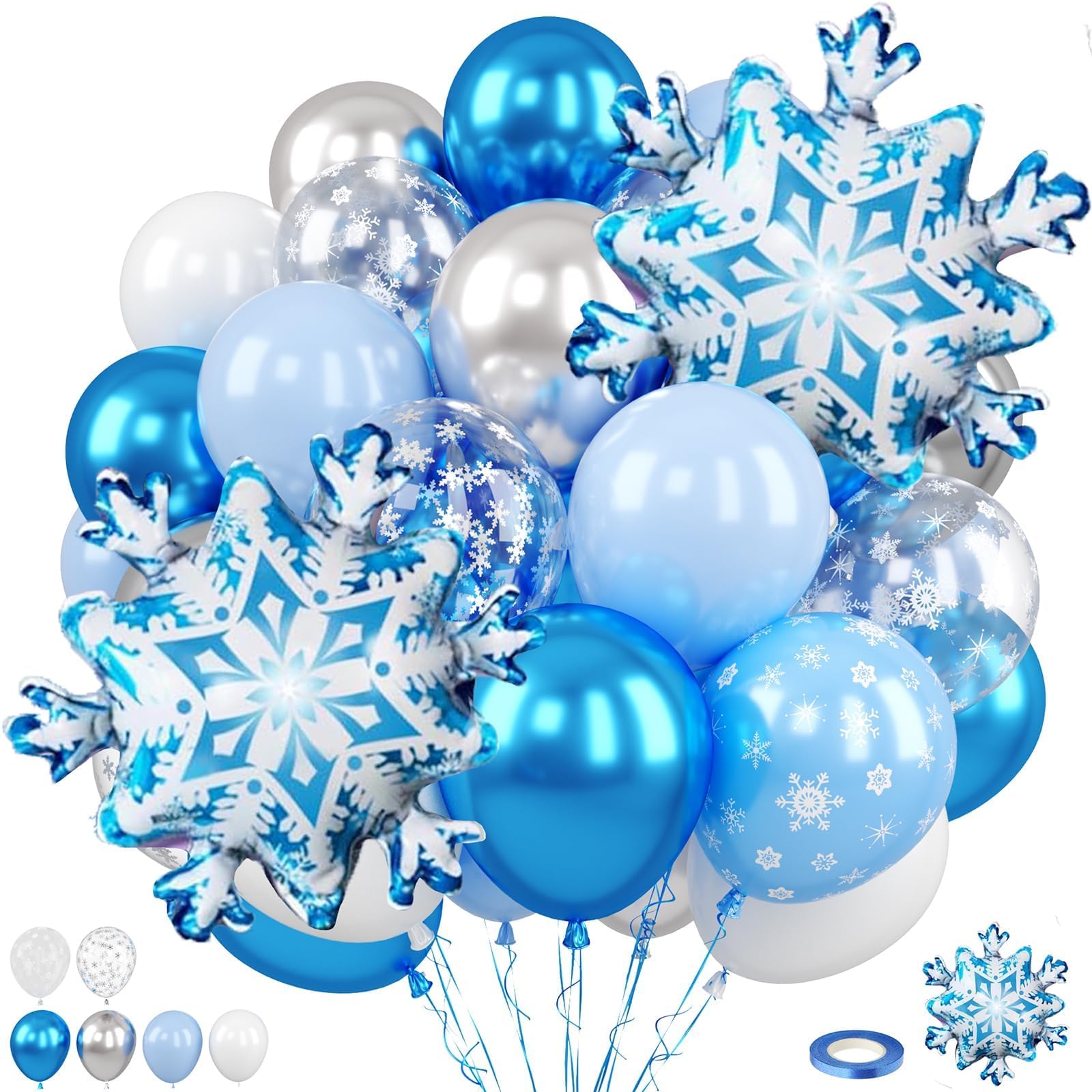 FunHot Snowflake Balloons Kit — 12in Metallic Blue, Silver & White with Snowflake Print & Foil Balloons