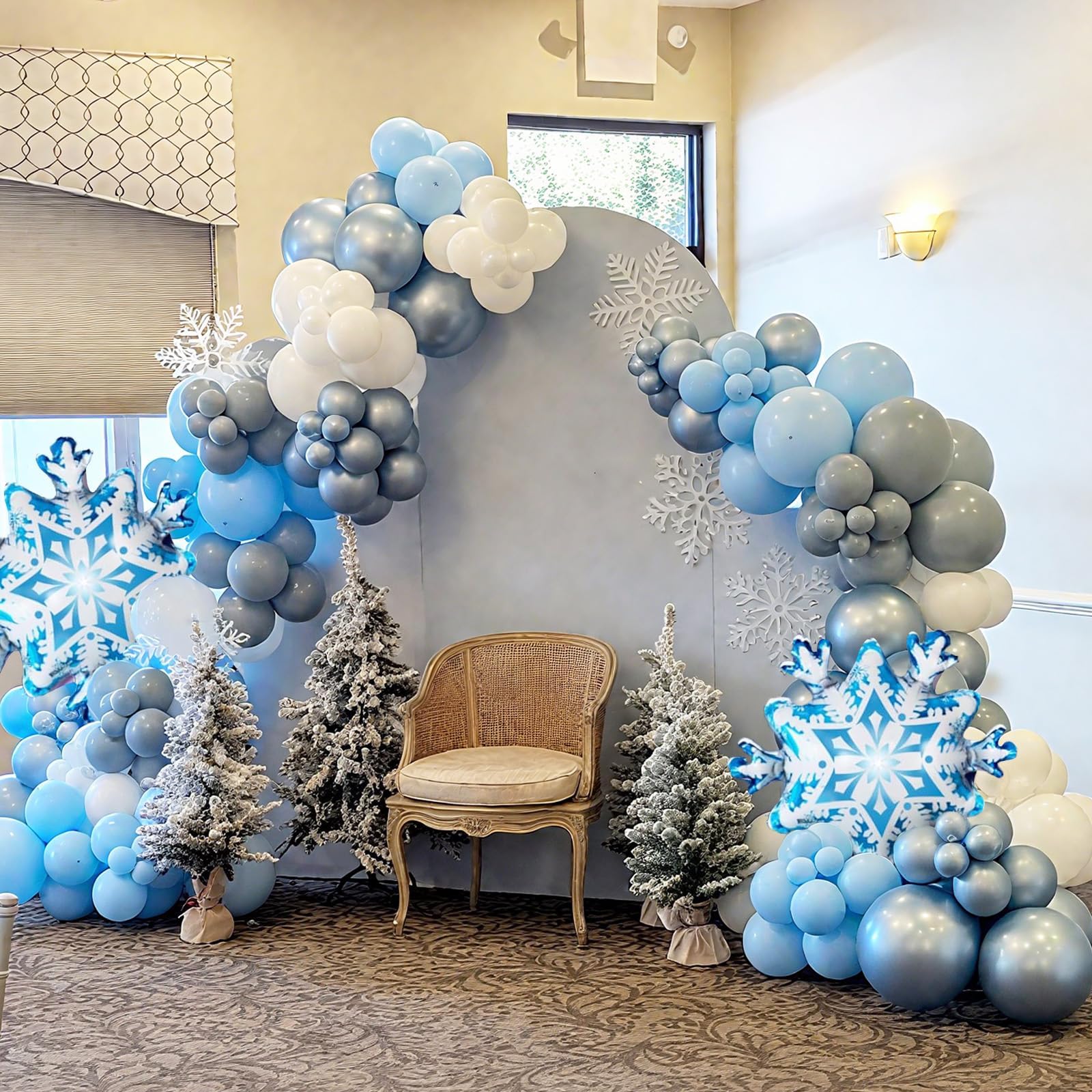 FunHot Snowflake Balloons Kit — 12in Metallic Blue, Silver & White with Snowflake Print & Foil Balloons