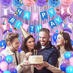 FunHot Purple Pink Blue Birthday Decorations Set – Balloons, Banner & Fringe Curtains