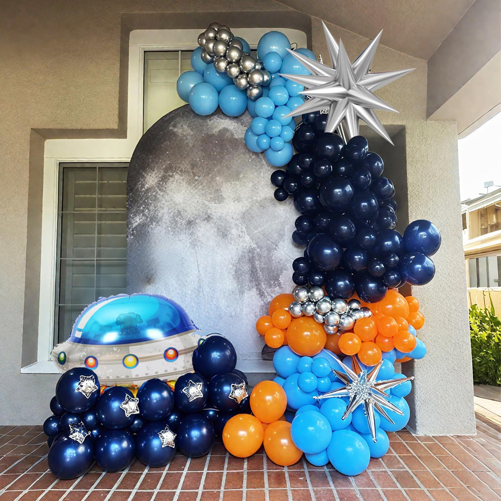 FunHot Outer Space Balloons Set – 12-Inch Galaxy Decor with UFO & Star Foil (Orange, Silver, Blue)