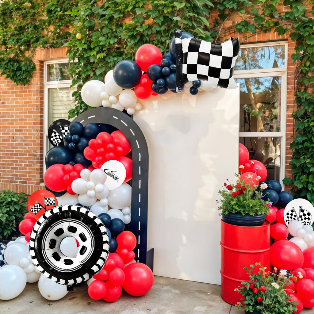 FunHot Race Car Balloons – Checkered Flag & Tire Foil Set for Racing Theme Parties