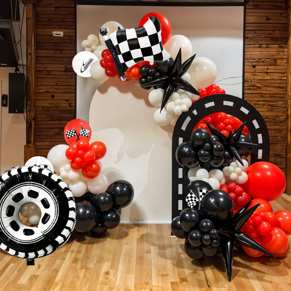 FunHot Race Car Balloons – Checkered Flag & Tire Foil Set for Racing Theme Parties