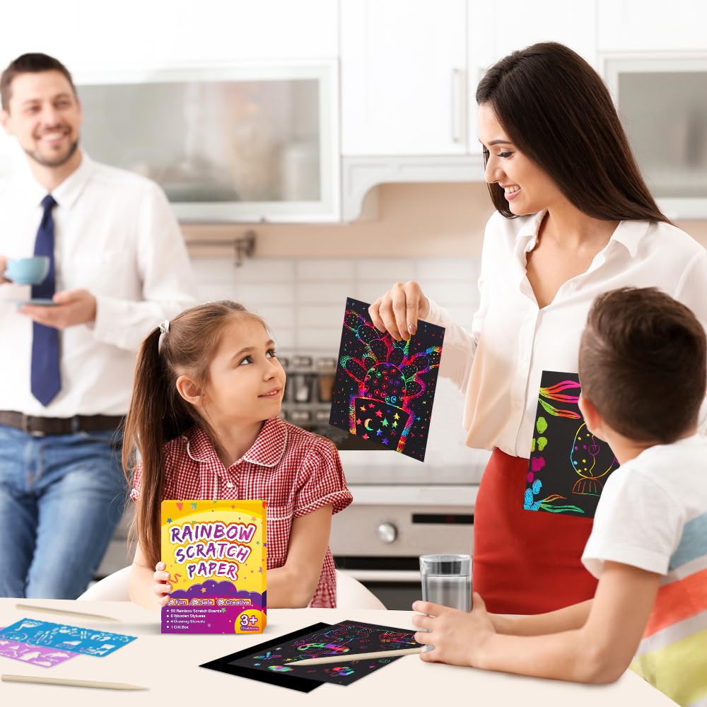 FUNNYB&G Rainbow Scratch Paper Art Kit – 200 Pcs for Kids | Creative Scratch Crafts & Party Activities