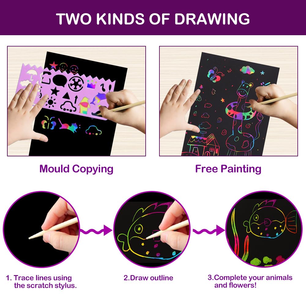 FUNNYB&G Rainbow Scratch Paper Art Kit – 200 Pcs for Kids | Creative Scratch Crafts & Party Activities