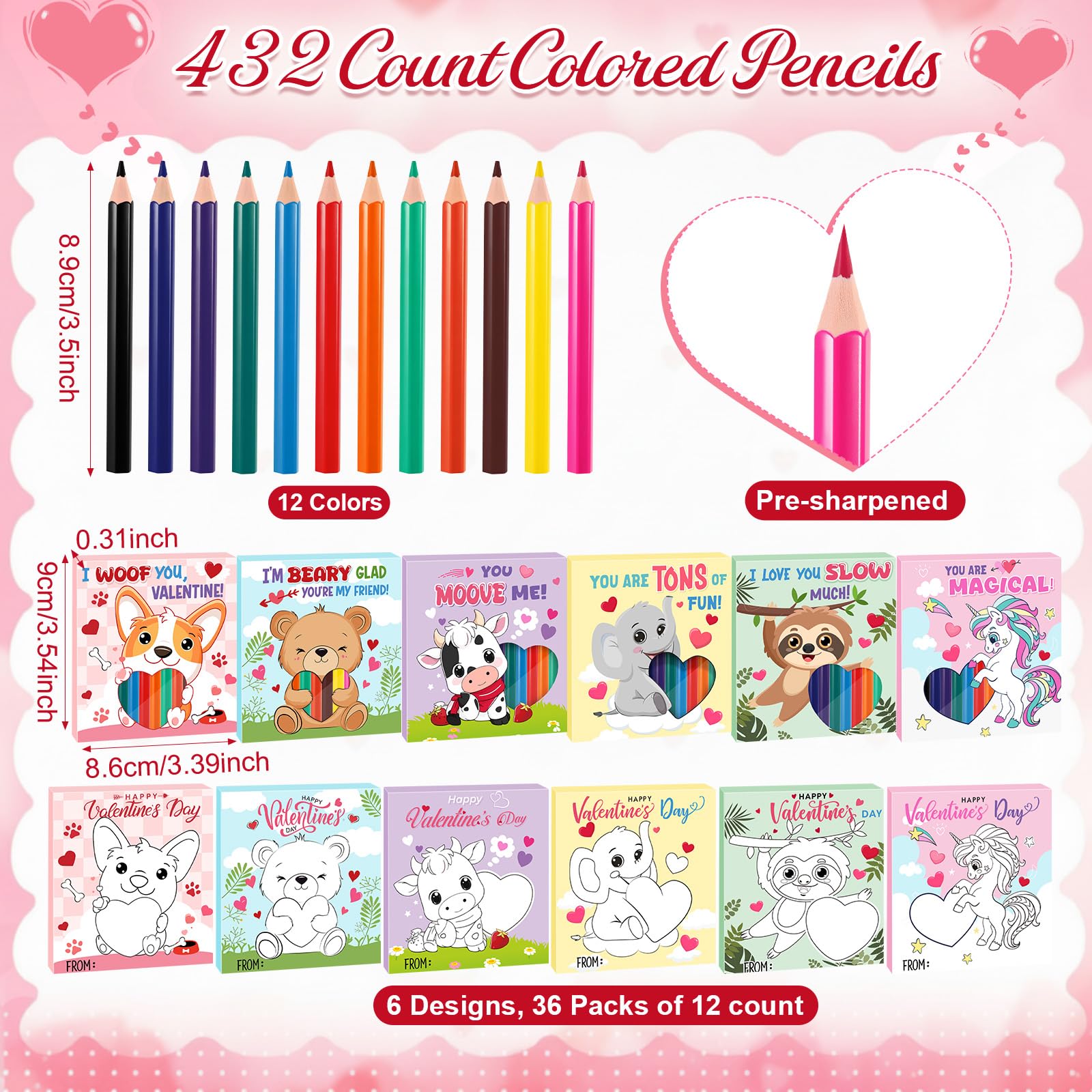 Funrous Valentine Colored Pencils Bulk – 432 Count, 36 Boxes, 12 Colors, Party Favors