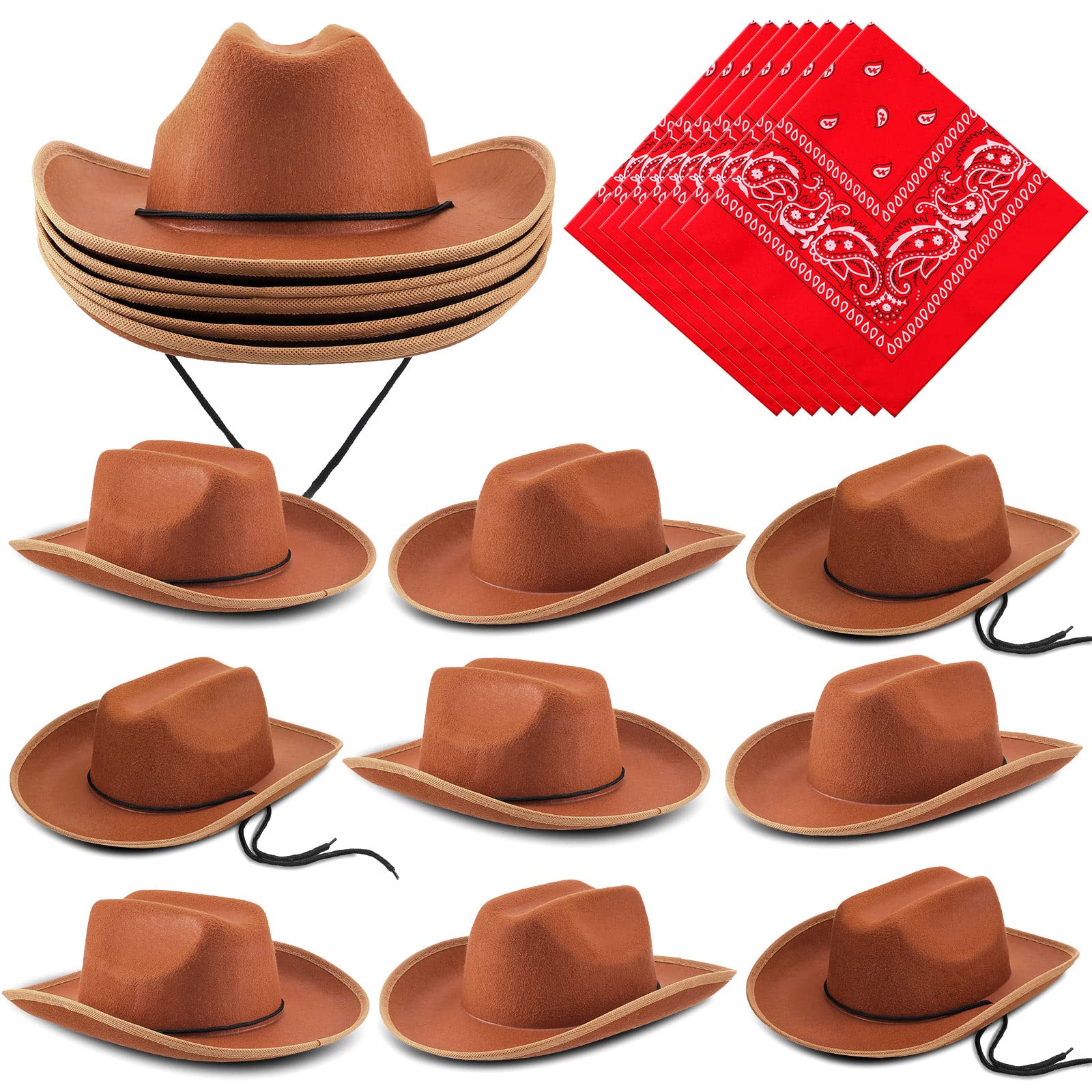 Funtery 20-Pack Kids Cowboy Hats with Red Bandanas - 10 Sets Western Party Costume Accessories