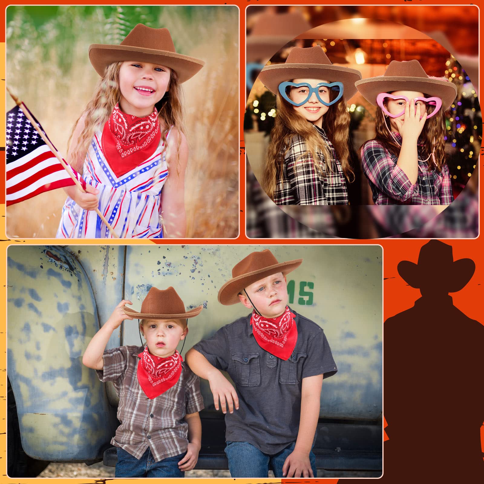 Funtery 20-Pack Kids Cowboy Hats with Red Bandanas - 10 Sets Western Party Costume Accessories