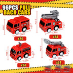 Funtery Mini Pullback Fire Truck Toys Bulk – 96 Pcs, 4 Designs, Party Favors