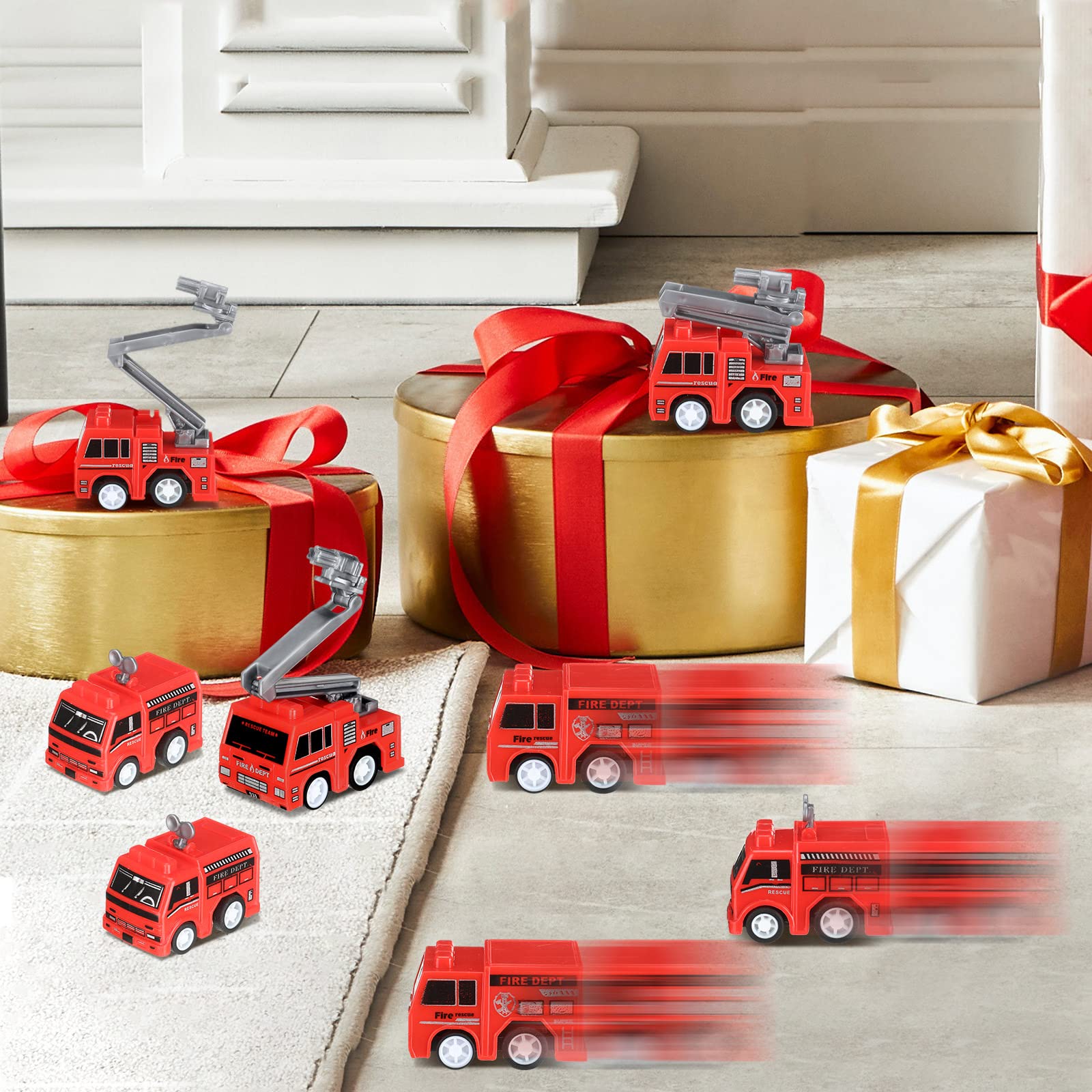 Funtery Mini Pullback Fire Truck Toys Bulk – 96 Pcs, 4 Designs, Party Favors