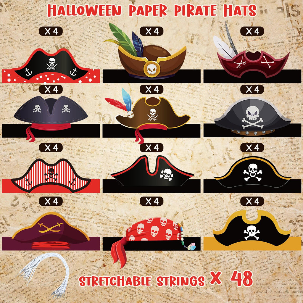 Funtery 48 Pcs Pirate Hat Party Accessories – Kids Halloween Pirate Favors