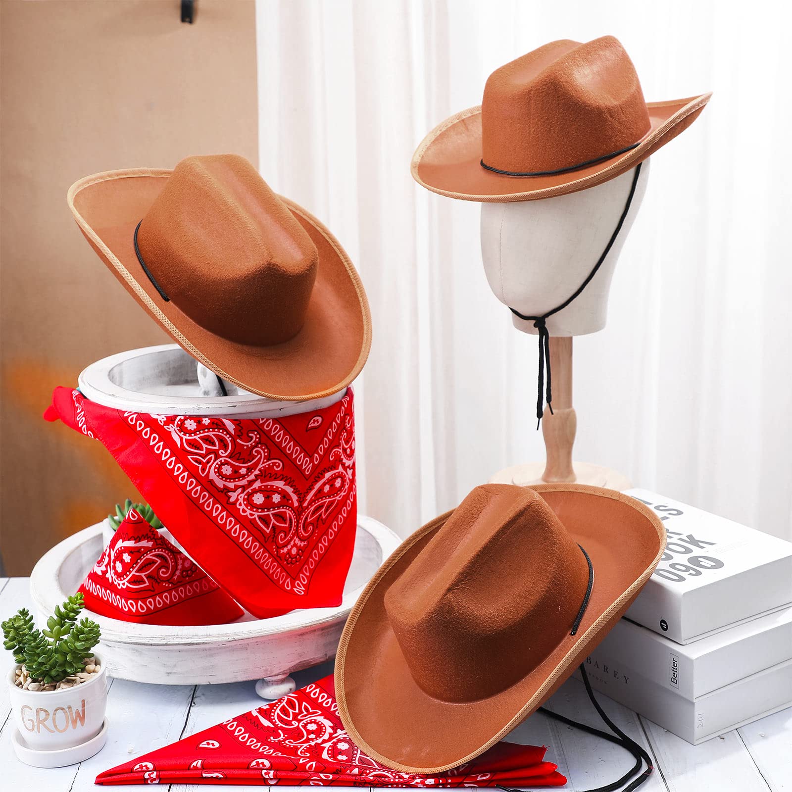 Funtery 20-Pack Kids Cowboy Hats with Red Bandanas - 10 Sets Western Party Costume Accessories