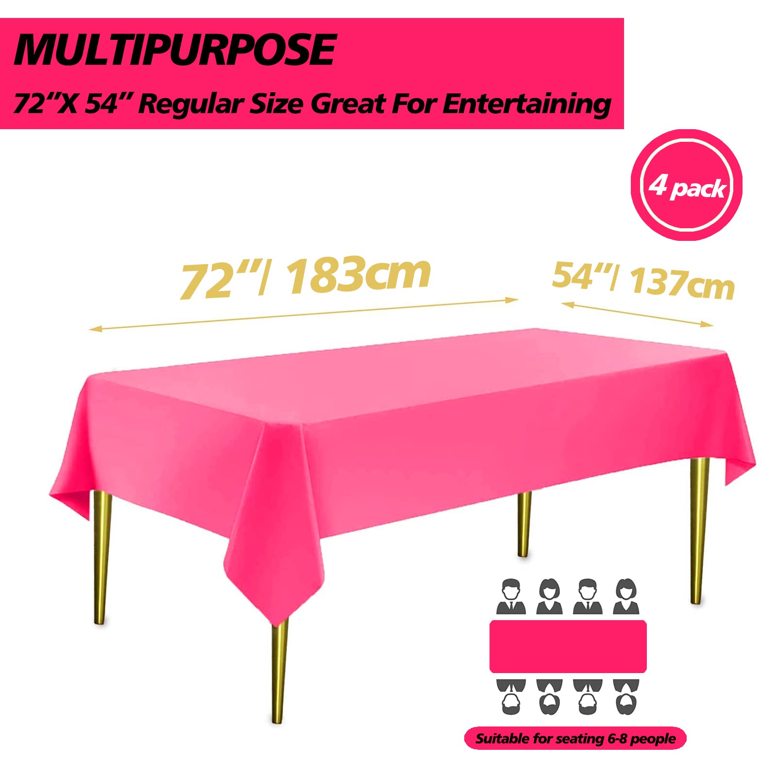 FUNTOOB Hot Pink Tablecloth 4-Pack – 54 x 72 in Disposable Party Cover