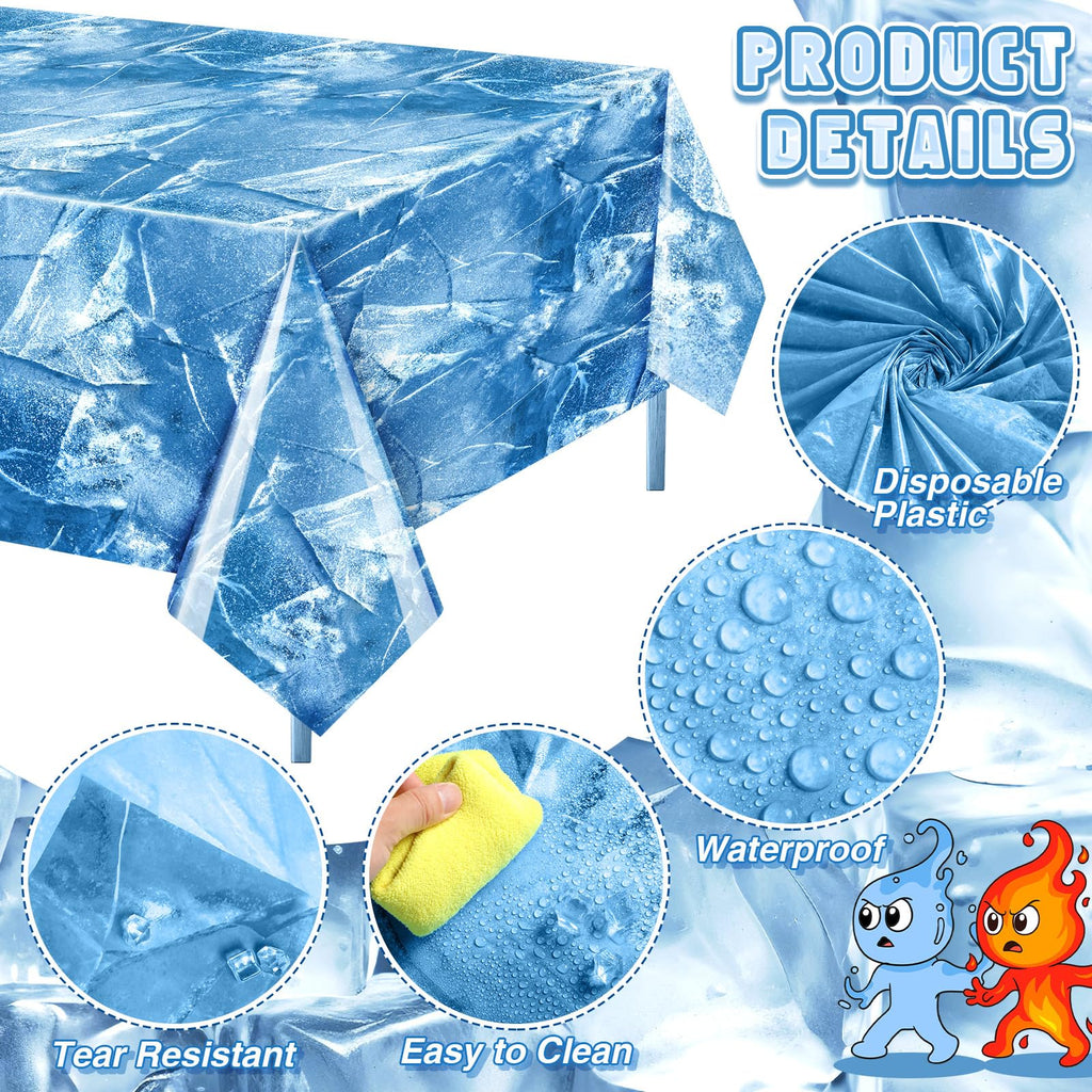 FuWeave 6 Pack Ice & Fire Tablecloths, 54x108 in – Blue Ice / Red Flame Plastic Covers for Arctic Stage Backdrops