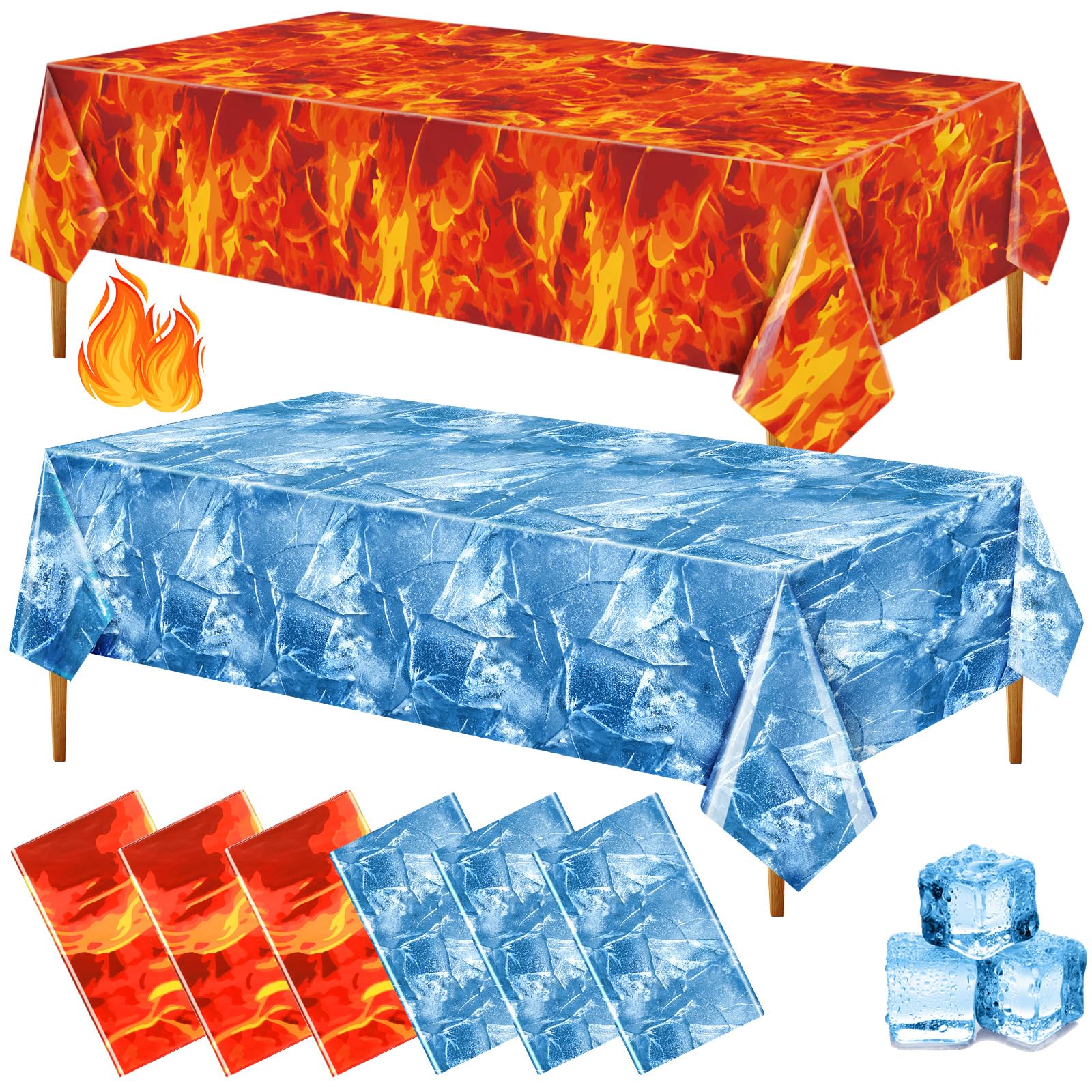 FuWeave 6 Pack Ice & Fire Tablecloths, 54x108 in – Blue Ice / Red Flame Plastic Covers for Arctic Stage Backdrops