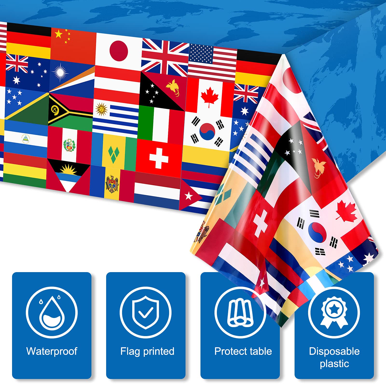 FuWeave 3 Pack International Flag Table Cover – World Flags Tablecloth 108x54 in
