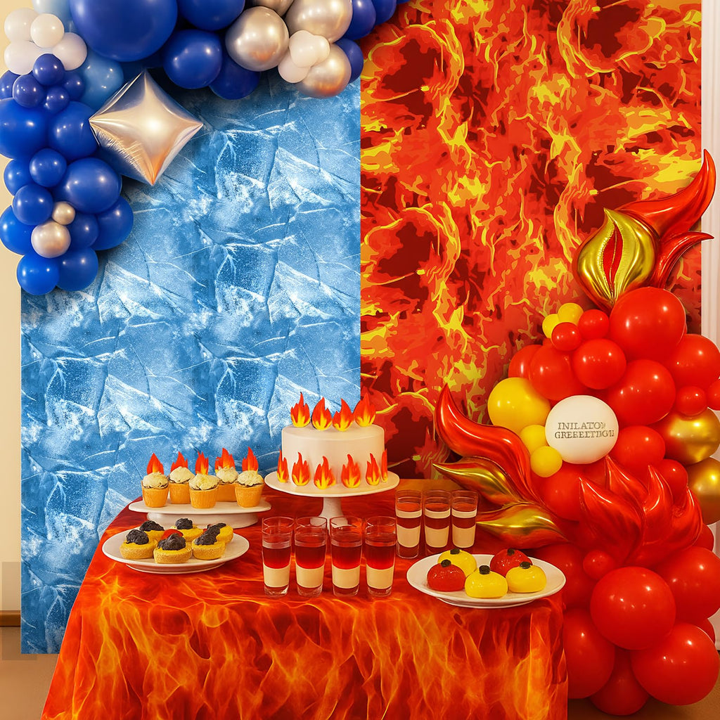 FuWeave 6 Pack Ice & Fire Tablecloths, 54x108 in – Blue Ice / Red Flame Plastic Covers for Arctic Stage Backdrops