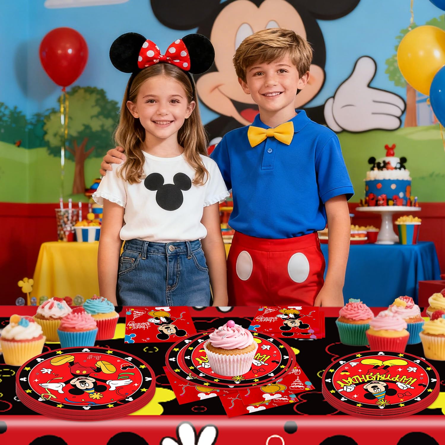 Fuyhiuous Mickey Party Supplies 41Pack – 20 Plates, 20 Napkins, 1 Tablecloth for Birthday Party Decoration (Red)