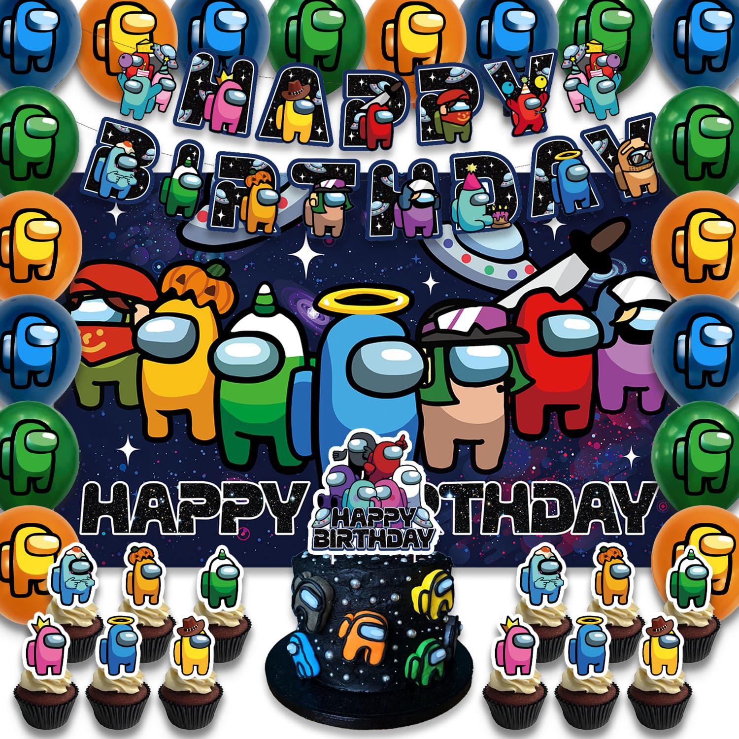 Fuyhiuous 42Packs Among Us Party Supplies Kit – Banner, Cake Topper, Blackdrop, Balloons