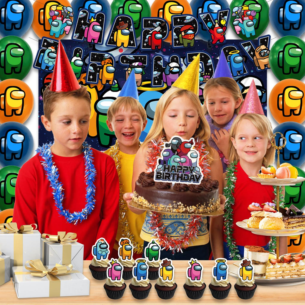 Fuyhiuous 42Packs Among Us Party Supplies Kit – Banner, Cake Topper, Blackdrop, Balloons
