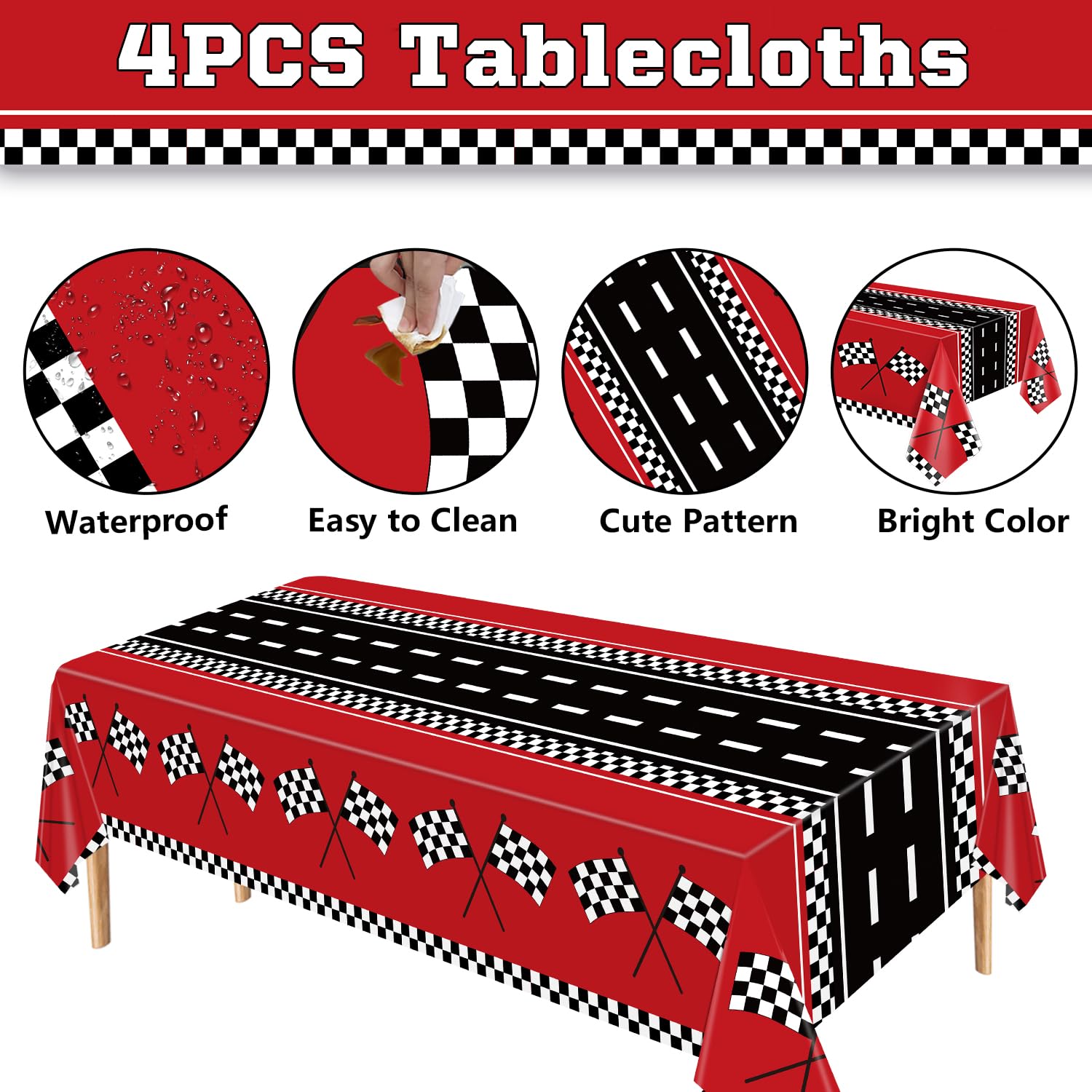 FVEOCR 4 Pcs Racing Car Tablecloths – 51 x 86 in Waterproof Party Table Covers