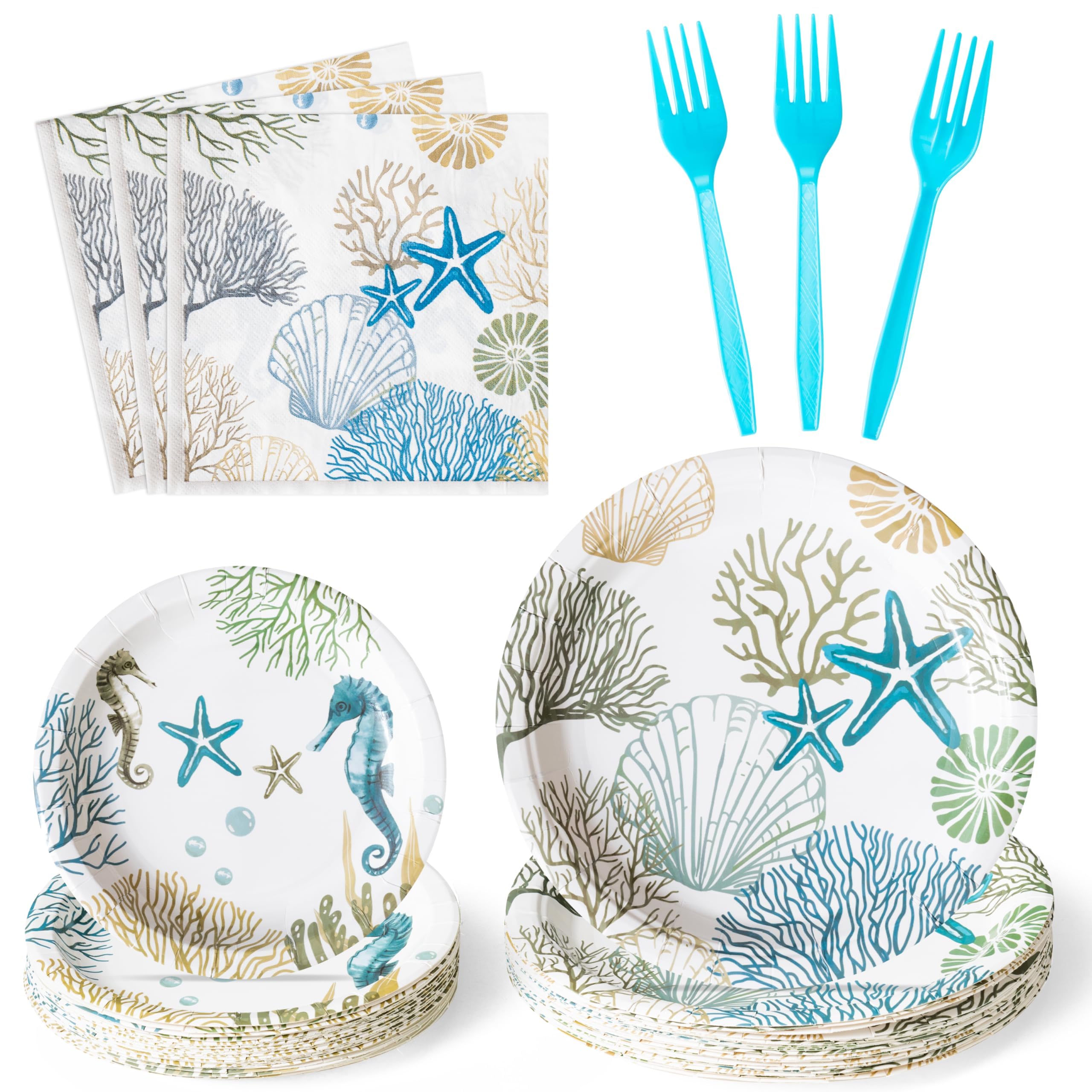 G1ngtar Ocean Seashell Party Plates & Napkins Set – 96-Piece, Serves 24