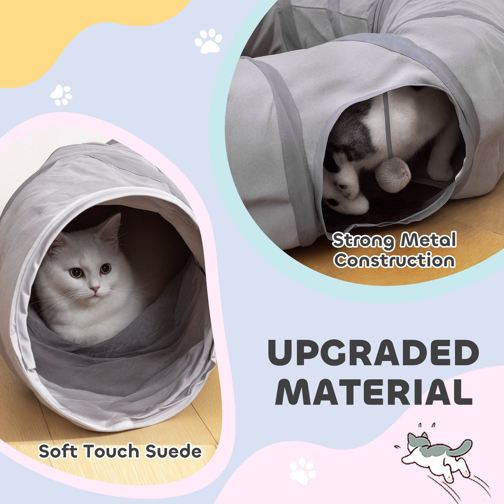 PawHut 2 in 1 Cat Tunnel with Bed, Cat Play Tunnel with Ball & Peek Hole for Indoor Cats, Grey