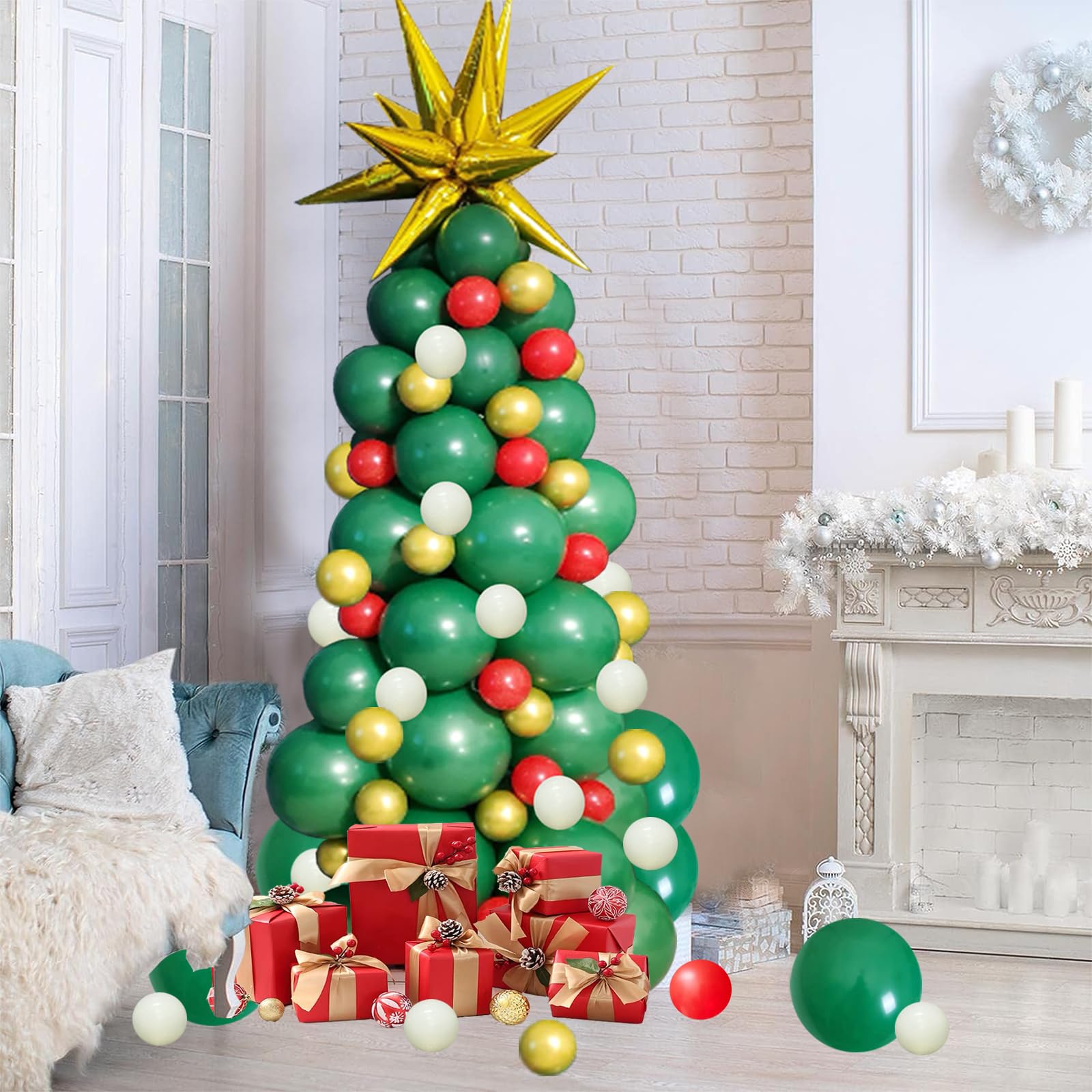 GaesQae 96pcs Christmas Balloon Garland Arch Kit – Green, Red & Gold Latex Balloons with Gold Starburst