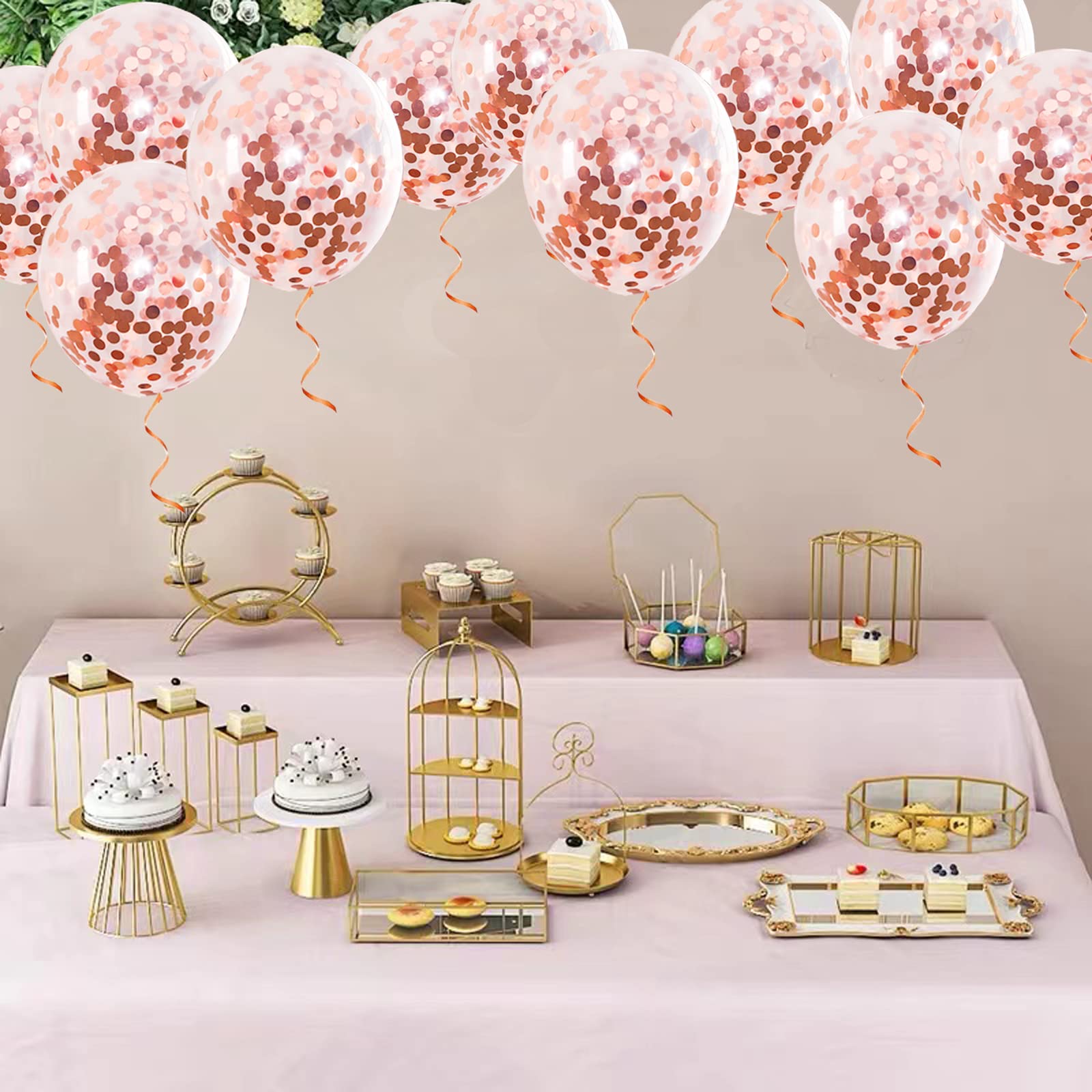 GaesQae 25pcs Rose Gold Confetti Balloons – 12in Latex with Inside Gold Foil Confetti