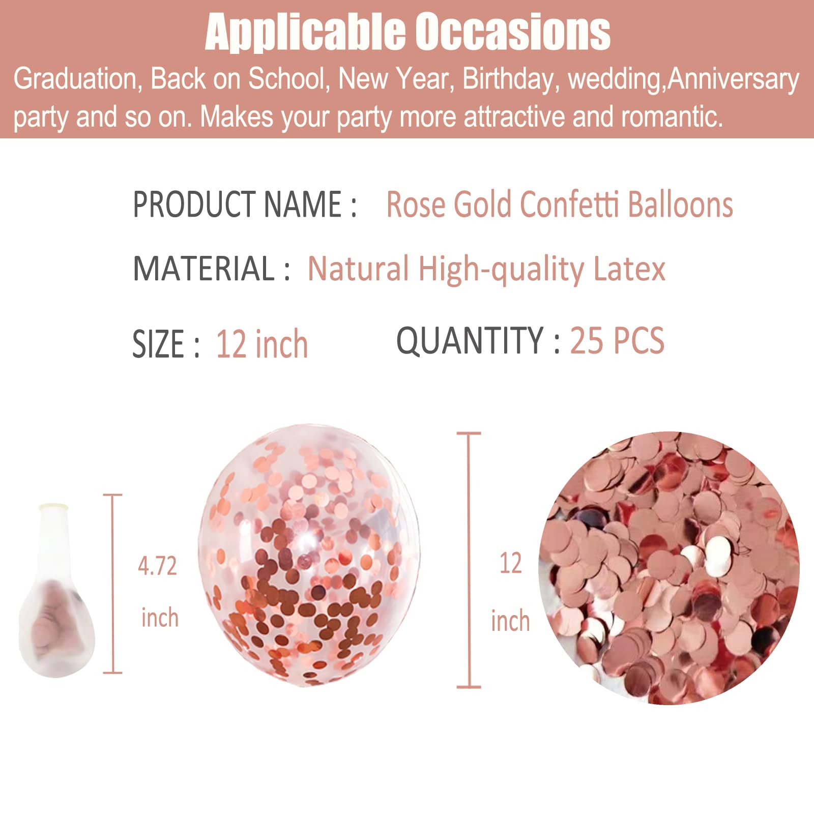GaesQae 25pcs Rose Gold Confetti Balloons – 12in Latex with Inside Gold Foil Confetti
