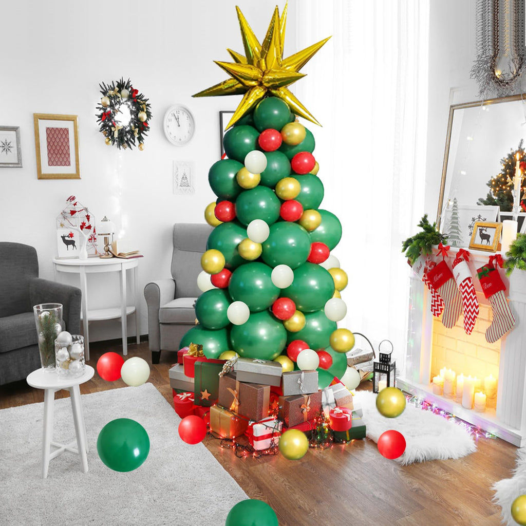 GaesQae 96pcs Christmas Balloon Garland Arch Kit – Green, Red & Gold Latex Balloons with Gold Starburst