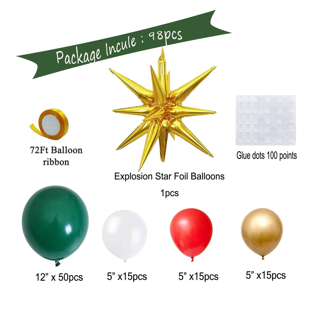 GaesQae 96pcs Christmas Balloon Garland Arch Kit – Green, Red & Gold Latex Balloons with Gold Starburst