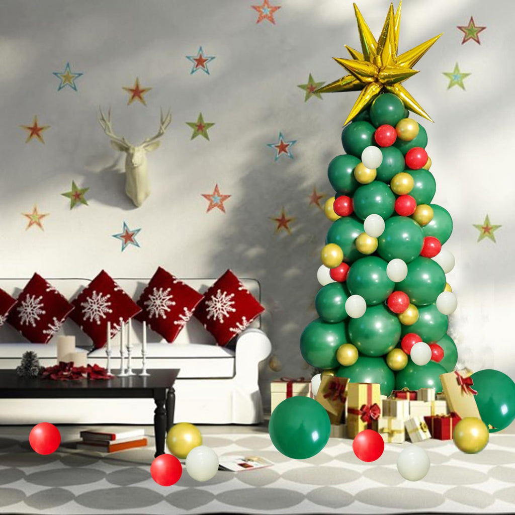 GaesQae 96pcs Christmas Balloon Garland Arch Kit – Green, Red & Gold Latex Balloons with Gold Starburst