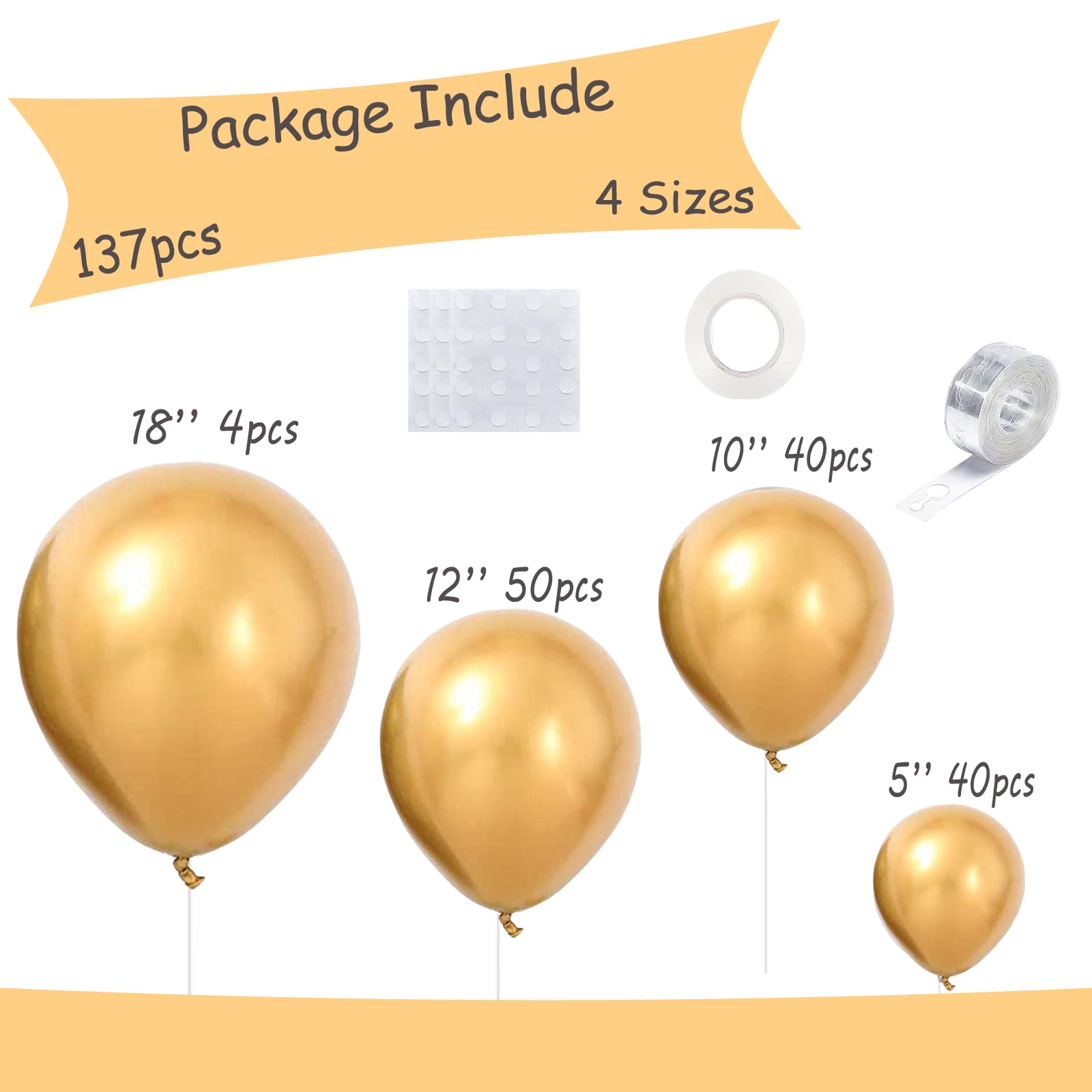 GaesQae 137pcs Metallic Gold Balloons Kit – 18/12/10/5 Inch Latex Balloons for Birthday & Wedding Decor