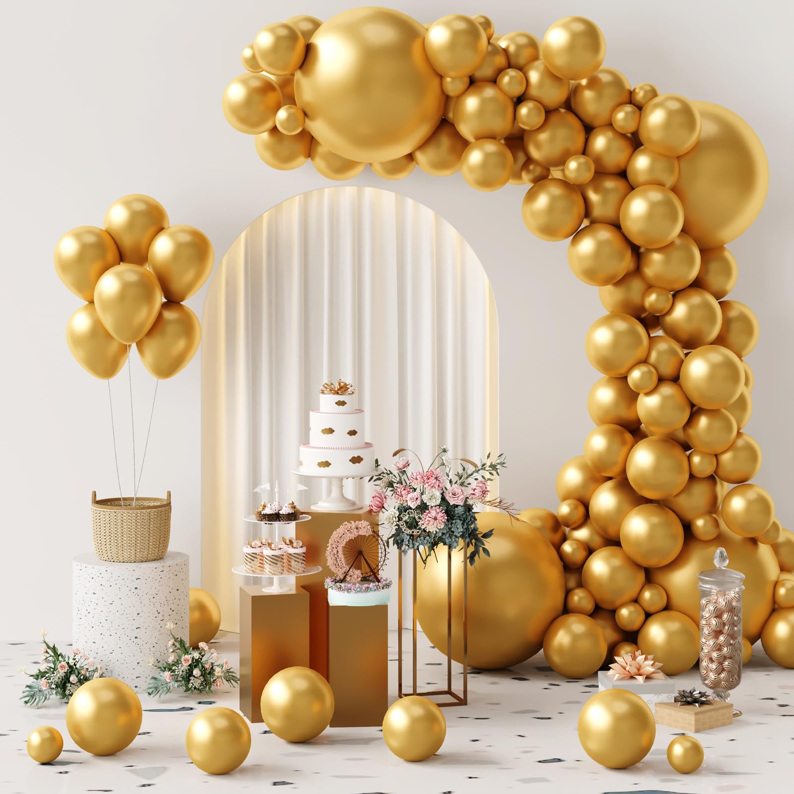 GaesQae 137pcs Metallic Gold Balloons Kit – 18/12/10/5 Inch Latex Balloons for Birthday & Wedding Decor