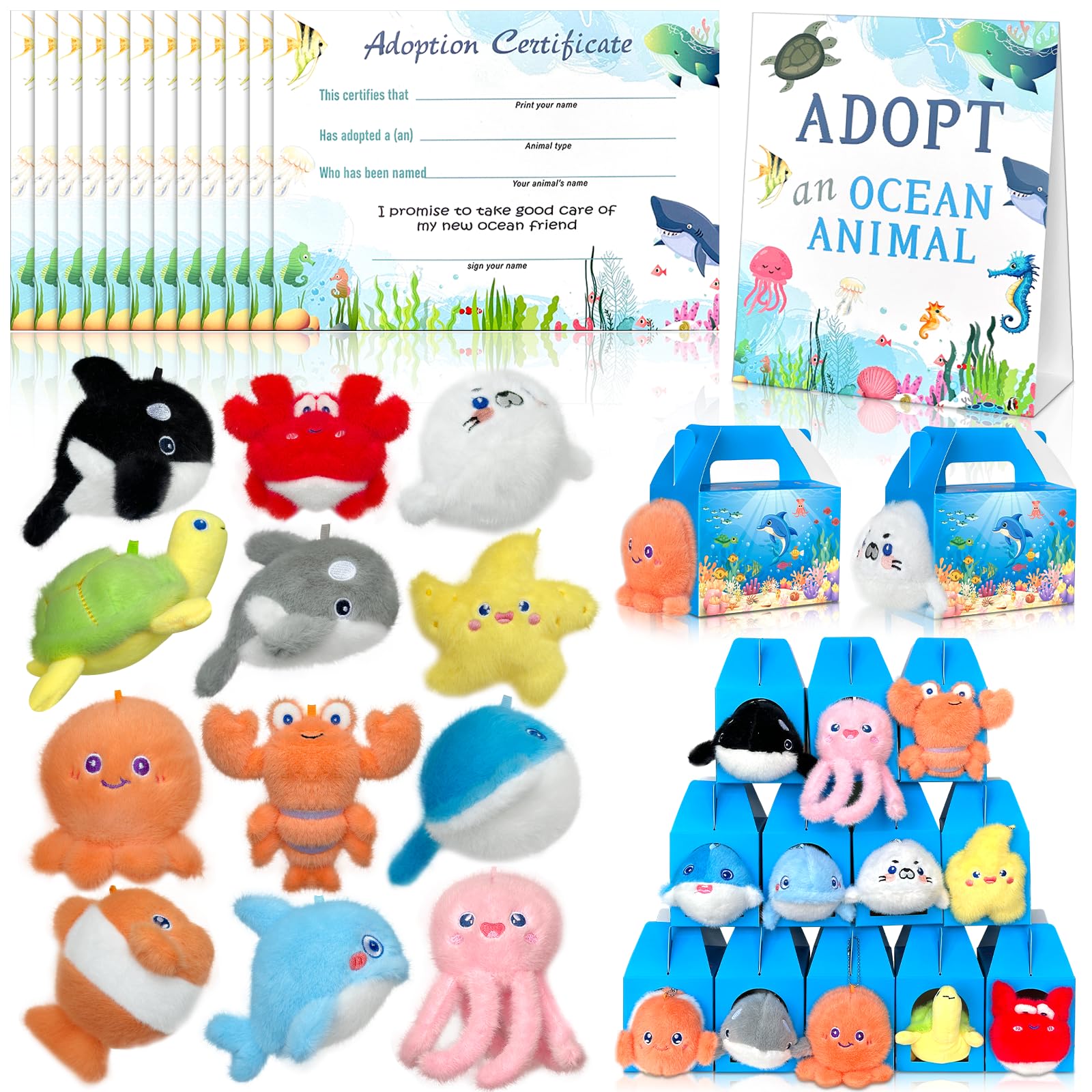 Gaiaring 38 Pcs Adopt-A-Sea Animal Party Favors – Mini Plush Sea Animals, Boxes, Adoption Cards & Signboard