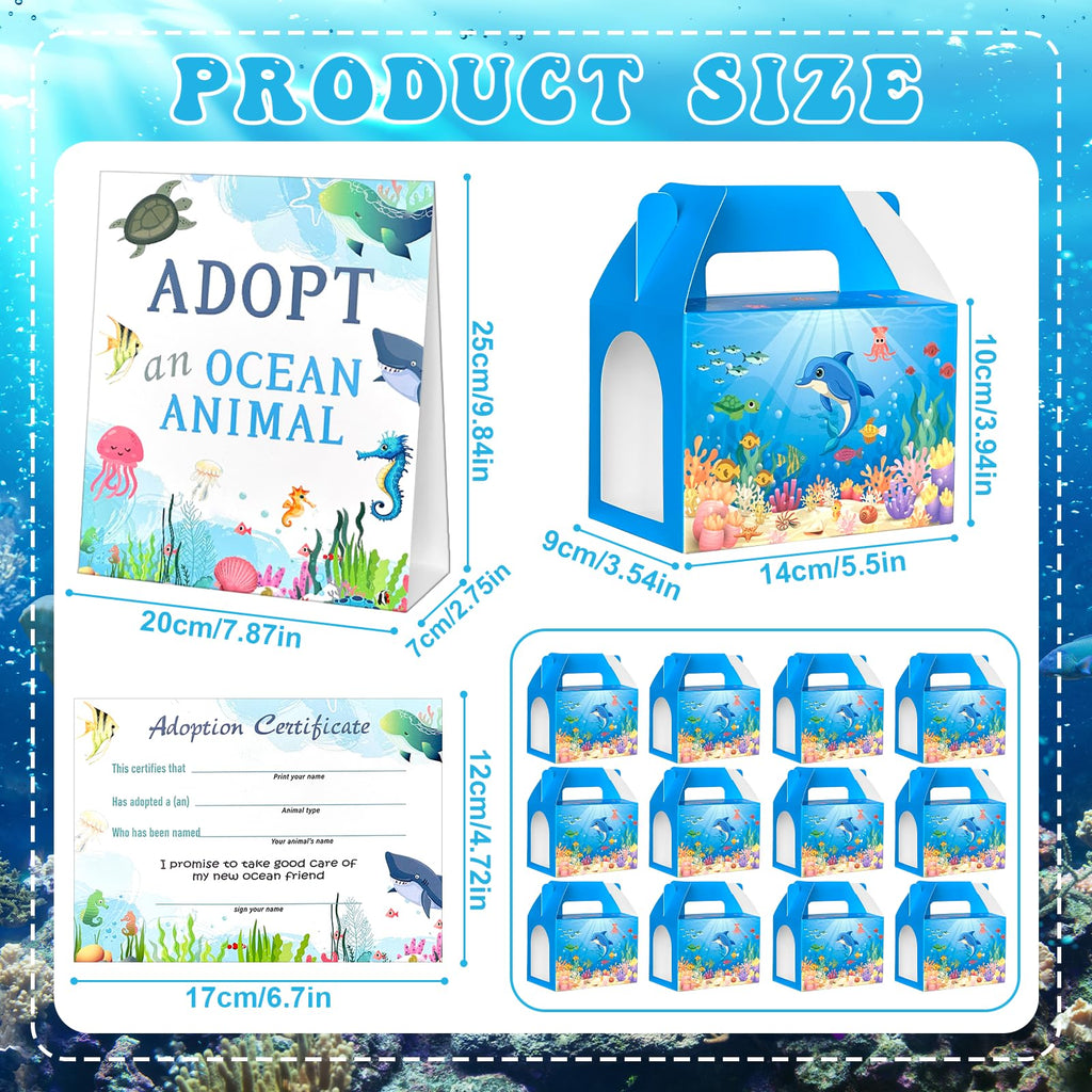 Gaiaring 38 Pcs Adopt-A-Sea Animal Party Favors – Mini Plush Sea Animals, Boxes, Adoption Cards & Signboard